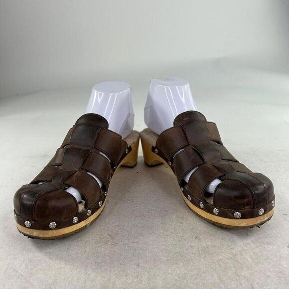 Ugg Australia Ore Fisherman Clogs US 7 Brown Leather Sherpa Lined Wooden Mules - Picture 4 of 11
